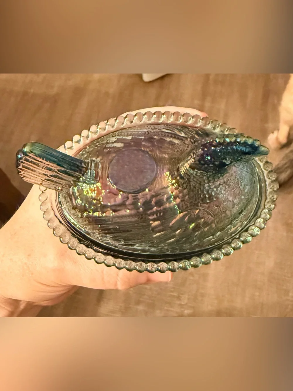 Iridescent Green Glass Hen on Nest Trinket Dish